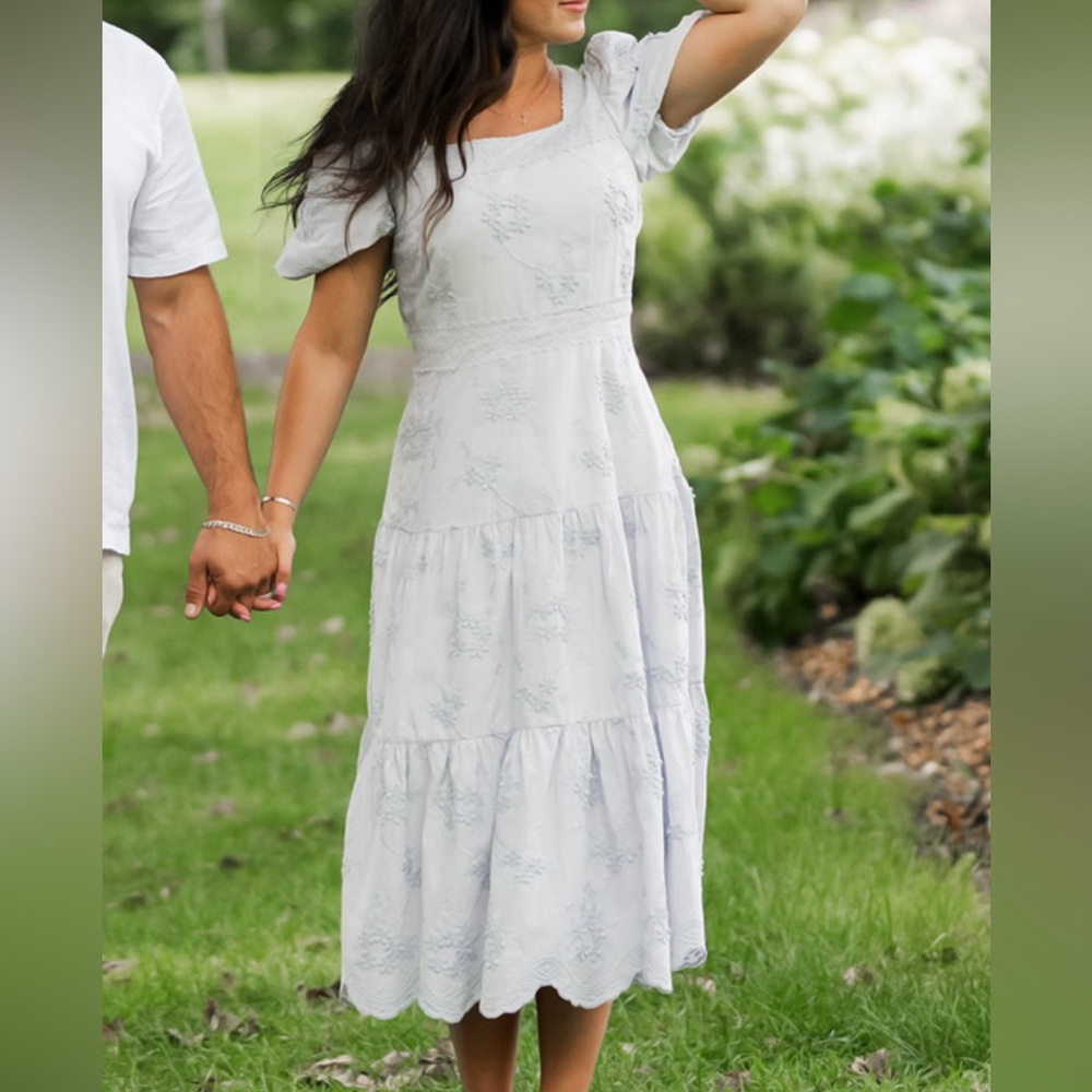 Rachel Parcell Floral Embroidered Tiered Midi Dress in Ancient Water